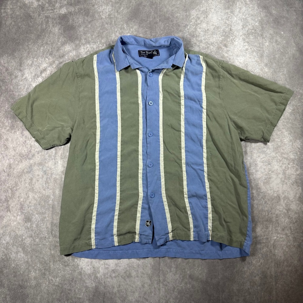 Nat Nast Luxury Originals Men XL Silk Button Down Shirt Green Blue Striped Retro